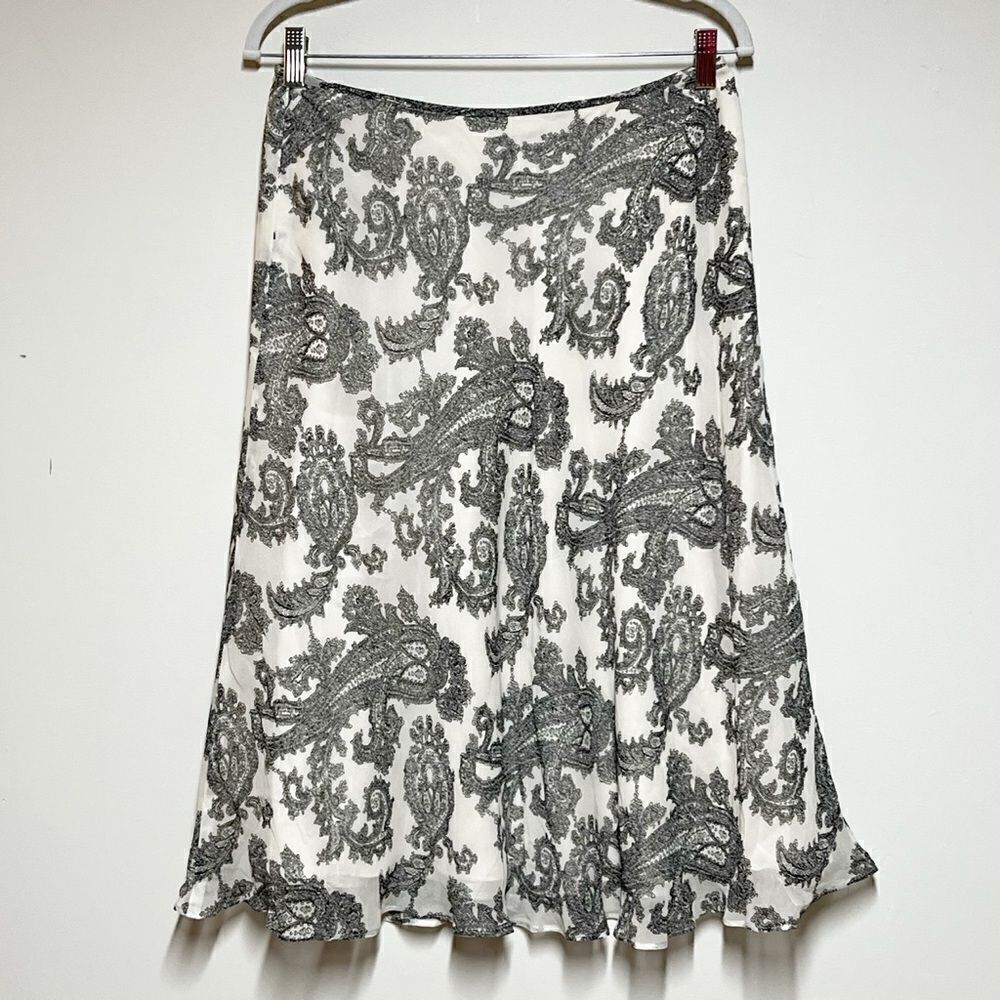 Pendleton Silk Paisley A line Skirt Dark Grey Ivory Sz 8 Petite